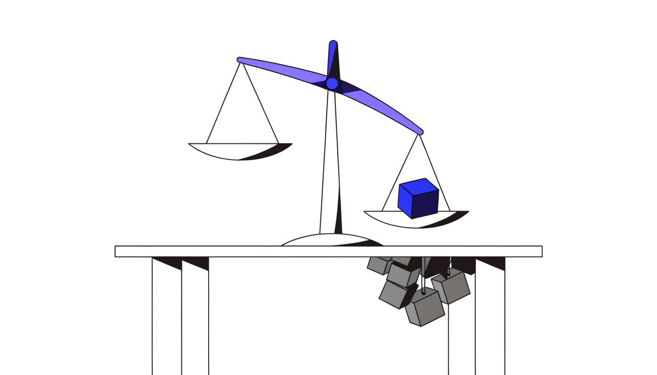 양팔 저울이 한쪽으로 기울어진 일러스트. 보이는 접시에는 작은 파란 정육면체 하나뿐인데, 탁자 아래로 회색 추 여러 개가 그 접시에 매달려 있습니다. 요금표에 안 적힌 항목이 청구액을 움직인다는 것을 나타냅니다.